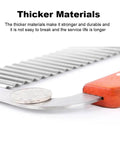 Stainless steel wavy crinkle cutter with orange handle for potatoes and vegetables.