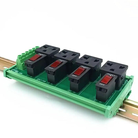 Din Rail Mount AC Power Strip With Four 120 Volt Grounded Receptacles featuring 10 Amp thermal breakers for safety.