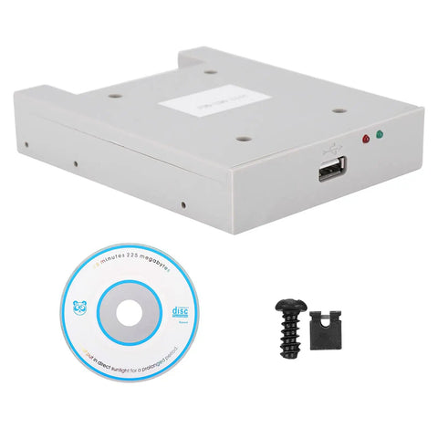 1.44MB USB Floppy Drive Emulator With 32-Bit CPU For Industrial Controls, High-Performance USB SSD Floppy Emulator, 34-Pin Interface, No-Fuss Plug And Play Installation, Secure Data Handling And Reliable Legacy Drive Simulation, white unit with USB port and install parts