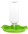 Automatic Reptile Water Feeder For Lizards Turtles And Geckos Tank Gravity Self Filling Bowl with green base and clear bottle.