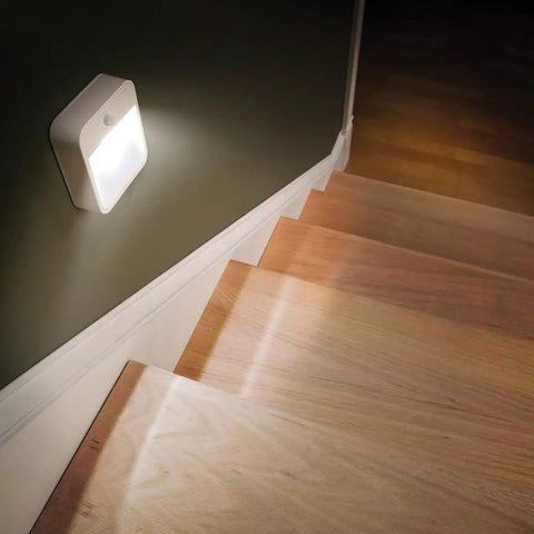 Stick Anywhere Motion Sensing LED Night Light AA Battery Powered Auto On In Darkness Cordless Weatherproof Bright White on stairs