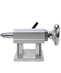 Straight Up Precision 4th Axis Gearbox For CNC Router, Hella Tough Rotary Three Jaw 100mm Chuck With 20 To 1 Ratio, Smooth Engraving Tailstock, Sweet Upgrade For Wood And Metal Jobs, silver tailstock with knob detail.