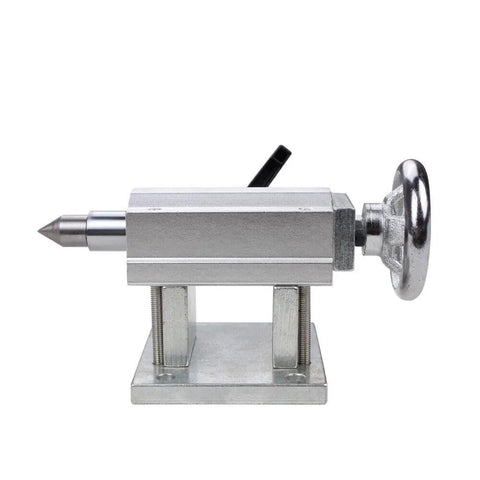 Straight Up Precision 4th Axis Gearbox For CNC Router, Hella Tough Rotary Three Jaw 100mm Chuck With 20 To 1 Ratio, Smooth Engraving Tailstock, Sweet Upgrade For Wood And Metal Jobs, silver tailstock with knob detail.