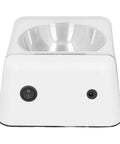 Slick Smart Automatic Pet Feeder With Induction Auto Opening Lid For Dogs And Cats High Grade Food Bowl No Sweat Cleaning Premium Robust Feeding Station, top view with stainless steel bowl and control buttons.