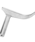 Side view of J-curved lathe tool rest with cylindrical mounting post, silver hardened steel.