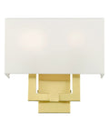 Two Light Wall Sconce In Satin Brass With Dope Off White Hardback Fabric Shade For A Clean Modern Vibe ADA Compliant Meridian Collection Contemporary Home Lighting 13 By 12.5 Inches