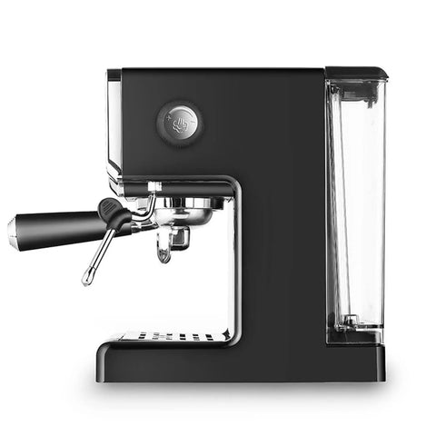 Solid Espresso Coffee Maker For Home Brewers Featuring Precise Pressure Dial Auto Shut Off Power Conserving Mode And Built In Frother, side view.