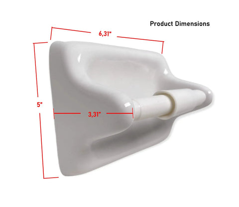 Glazed Ceramic Wall Mount Toilet Paper Holder In White Durable Classic Bathroom Accessory For Tile Installation Only Built In Lip Design Not For Flat Surface. Side view showing dimensions