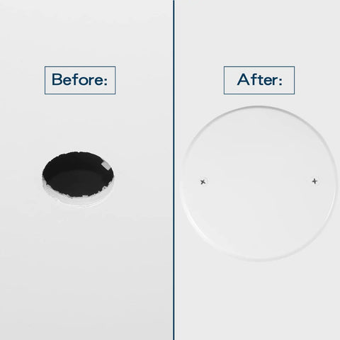 Before and after using 4 Pack 5 Inch Metal Ceiling Cover Plates Round White Flat Blank Wall Plate With Screws 3.5 Inch Hole Spacing Fits 4 Inch Electrical Boxes Great For Ceiling Fans And Light Switches