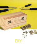 Antique Bronze Mini Hinges 25x19mm 50 Pack With 200 Matching Screws for Wooden Jewelry Boxes, shown with tools for DIY projects.