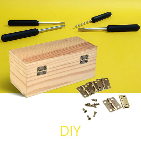 Antique Bronze Mini Hinges 25x19mm 50 Pack With 200 Matching Screws for Wooden Jewelry Boxes, shown with tools for DIY projects.