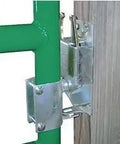 Lockable Two Way Livestock Gate Latch Kit Heavy Duty Farm Fence Hardware close-up view of sturdy latches installed on a fence.