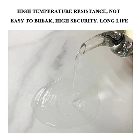 Liquid being poured, showcasing high temperature resistance and durability, on a marble surface.