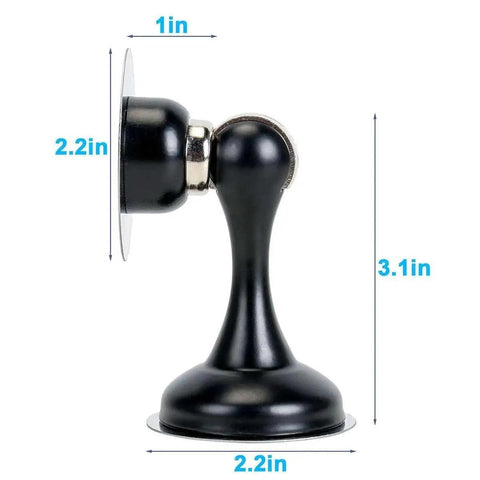 Solid Two Pack Black Magnetic Door Stop With Mounting Screws Holds Doors Tight And Catches Slamming Noise With Built In Spring Cushion For Easy Install side view with dimensions 1in x 2.2in x 3.1in