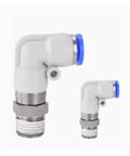 Two Pack 90 Degree Rotary Pneumatic Fittings Elbow, Plastic Male Rotary Union Connectors For Air Lines, Plug And Play Quick Connect Adapters, Easy Install, No Fuss For Home Shop Enthusiasts And Small Shops, white and blue 90-degree elbows