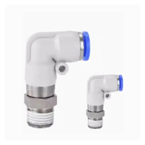 Two Pack 90 Degree Rotary Pneumatic Fittings Elbow, Plastic Male Rotary Union Connectors For Air Lines, Plug And Play Quick Connect Adapters, Easy Install, No Fuss For Home Shop Enthusiasts And Small Shops, white and blue 90-degree elbows