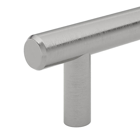 Close-up of Roosevelt Collection Brushed Nickel Cabinet Handle Five And One Sixteenth Inch Center To Center Bar Pull in durable steel.