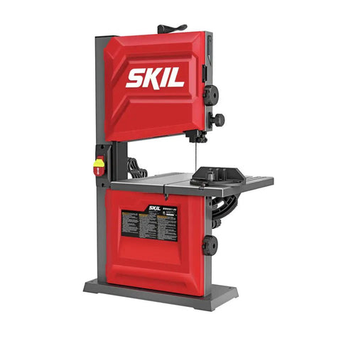 2.8 Amp 9 Inch Benchtop Band Saw for Woodworking, 2-Speed Drive, Tool-Free Belt Tension, Quick Blade Tension shown in red design
