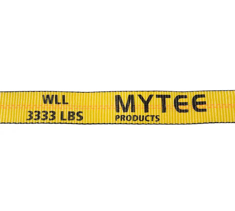 Close-up of yellow strap with 'WLL 3333 LBS' marking, part of 4 Pack Heavy Duty Tie Down Straps For Auto Towing With RTJ Cluster Hooks.