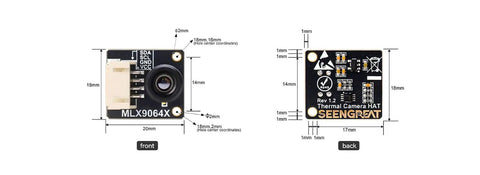 Front and back view of Dope Thermal Imaging Camera With 32x24 IR Sensor Array For Raspberry Pi And HVAC Fire Detection Low Power High Accuracy I2C Interface Ideal For DIY Electronics Projects And Smart Temperature Monitoring, showing measurements and components.