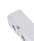Close-up of 2 Pack Pneumatic Air Manifold Kit, 5 Way 7 Port Aluminum Alloy Block corner showing NPT output ports.
