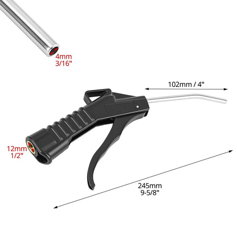 Eight Piece Heavy Duty Pistol Grip Air Blower Gun With Angled Nozzle For Kicking Up Dust And Grime In The Shop Or House, close-up of nozzle and trigger
