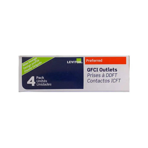 Box of 15 Amp 125 Volt Duplex Self Test Slim GFCI Outlet White 4 Pack showcasing packaging design