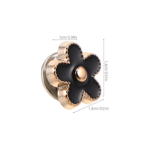 Total Fashion Hack With These Pocket Ready Black Flower Button Covers And Alloy Brooch Pins For Dresses No Sew Snap Fasteners That Secure Fits Tightly And Elevate Daily Vibe, close-up of a black flower snap button.