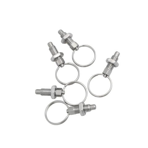 Heavy Hitter M6 Stainless Steel Spring Plungers 5 Pack featuring pull rings against a white background, highlighting durability.