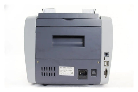 Back view of No Sweat Money Counter, showing ports and features for mixed bill sorting and counterfeit detection.