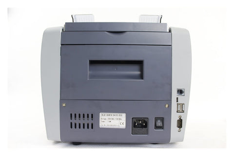 Heavy Duty Money Counter Machine With Ultraviolet And Magnetic Detection For Authenticating Legit Currency And Sorting Mixed Denomination Bills Quick Sync Tech rear view showing ports and power connection.