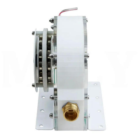 Side view of High Efficiency Pelton Turbine DIY Hydroelectric Generator Kit For Home Power showcasing acrylic shell and brass fitting.