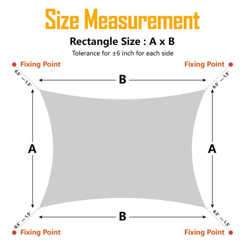 Diagram showing size measurement of beige 6 by 8 foot sun shade sail canopy awning with fixing points