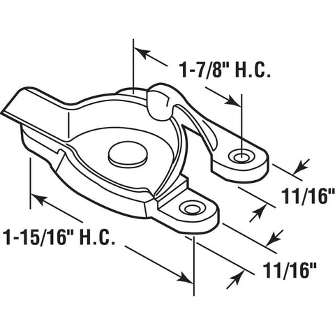Dimensions and design of Diecast Cam Action Window Sash Lock With Alignment Lugs For Double Hung Windows White Finish One And Three Quarters Inch On Center Mounting Holes Includes Screws And Keeper Heavy Duty Zinc Die Cast Hardware Pack Of 36