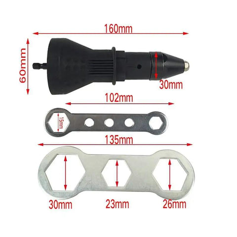 Tough As Nails Cordless Rivet Gun Drill Adapter with interchangeable tips, wrenches for nut setting, measuring 160mm x 60mm.
