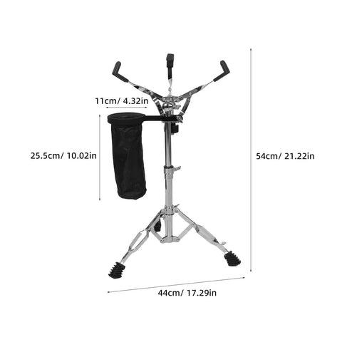 Hardcore Adjustable Snare Drum Tripod Stand With Double Braced Alloy Frame And Drumstick Pouch Slick Portable Practice Pad Rack Fitting Ten To Fourteen Inches view showing dimensions and sturdy support for stable setup.