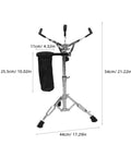Heavy Duty Double Braced Tripod Snare Drum Stand With Easy Height Tweaks And Secure Stick Holder dimensions with solid alloy base and non-slip feet.