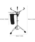 No Nonsense Height Adjustable Snare Drum Stand With Practice Pad Base and drumstick holder pouch bag dimensions shown.