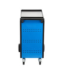 Heavy Duty Nine Drawer Rolling Tool Trolley Featuring Slick Abs Work Platform And Super Smooth Casters For Top Shelf Garage Storage and Hassle Free Tool Access On Any Jobsite rear view with blue finish.