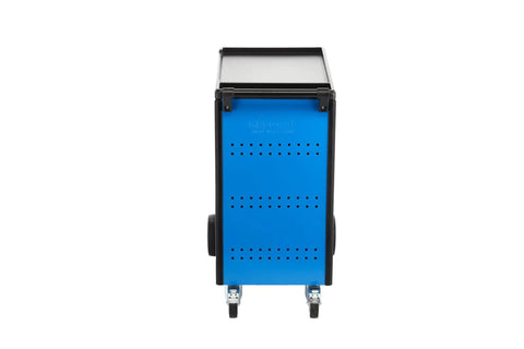 Heavy Duty Nine Drawer Rolling Tool Trolley Featuring Slick Abs Work Platform And Super Smooth Casters For Top Shelf Garage Storage and Hassle Free Tool Access On Any Jobsite rear view with blue finish.