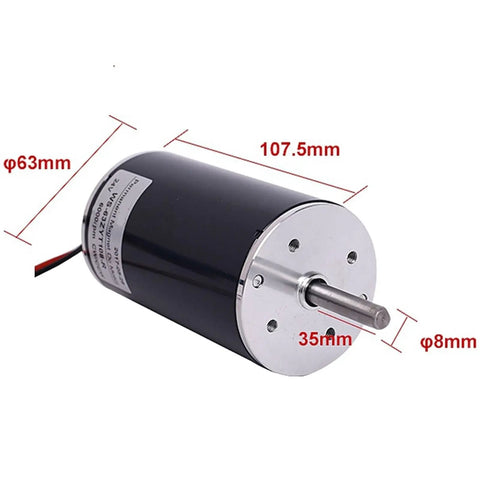 Solid 63mm DC Gear Motor With 24 Volt Ball Bearing Speed Regulated For Robots, Smart Automation Jobs, And Heavy Duty Projects Using 8mm Shaft, showing dimensions.