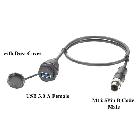 Rugged Beefy Industrial USB 3.0 A Female To M12 B Code 5 Pin Bulkhead Panel Mount Cable IP67 Waterproof With Cap 1.5 Meter