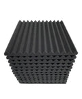 Kickass High Density Soundproof Wall Panels 12 Pack Black Acoustic Foam Wedge Tiles with beveled edges stacked for noise absorption.