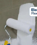 A paint roller applying Super Slick Basement Sealer White 5 Gallon on a concrete wall for waterproofing.