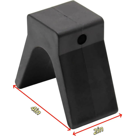 V-Shape Boat Trailer Bow Stop, 2 Inch Mounting Width, 4 Inch V-Span, Rubber Bow Block, V-Style Trailer Roller Stop, Non Marking Polyurethane, 1/2 Inch Mounting Holes, Protects Boat From Scratches And Abrasion shown angled with 2in and 4in dimensions
