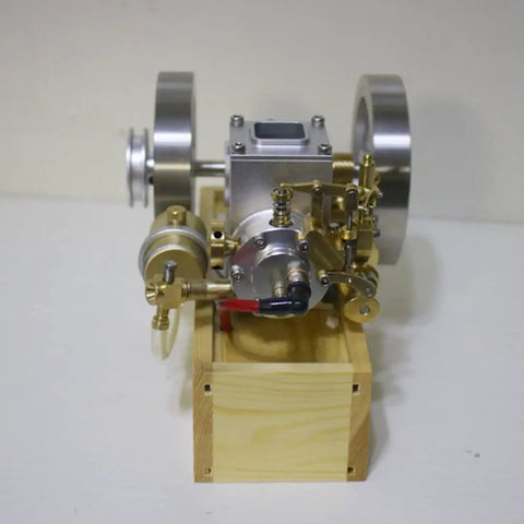 Kickstart Your Engineering Quest With This Slick Six Cubic Centimeter Hit And Miss Gasoline Engine on a solid wood base.