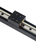 Close-up of Mini Linear Rail Guide Slide Actuator with T6x1 lead screw and NEMA11 motor for DIY CNC router projects.