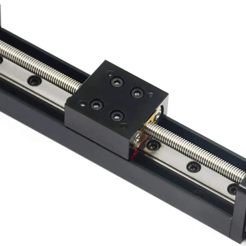 Close-up of Mini Linear Rail Guide Slide Actuator with T6x1 lead screw and NEMA11 motor for DIY CNC router projects.