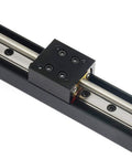 Compact Linear Rail Guide Actuator With 200mm Stroke T6x1 Lead Screw And NEMA11 Stepper Motor For DIY CNC Router Precise Positioning Lab And Inspection Equipment Easy Setup And Reliable Motion For Makers. Black linear rail actuator with 200mm stroke and lead screw carriage.