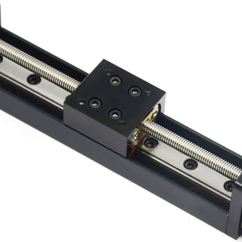 Compact Linear Rail Guide Actuator With 200mm Stroke T6x1 Lead Screw And NEMA11 Stepper Motor For DIY CNC Router Precise Positioning Lab And Inspection Equipment Easy Setup And Reliable Motion For Makers. Black linear rail actuator with 200mm stroke and lead screw carriage.